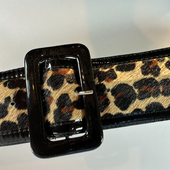 Avignon Women's Belt Genuine Leather, Faux Leopard, Patent Detail Wide USA Made - Picture 2 of 6